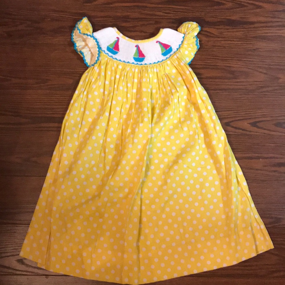 Yellow&white polka dots sail boat smocked dress